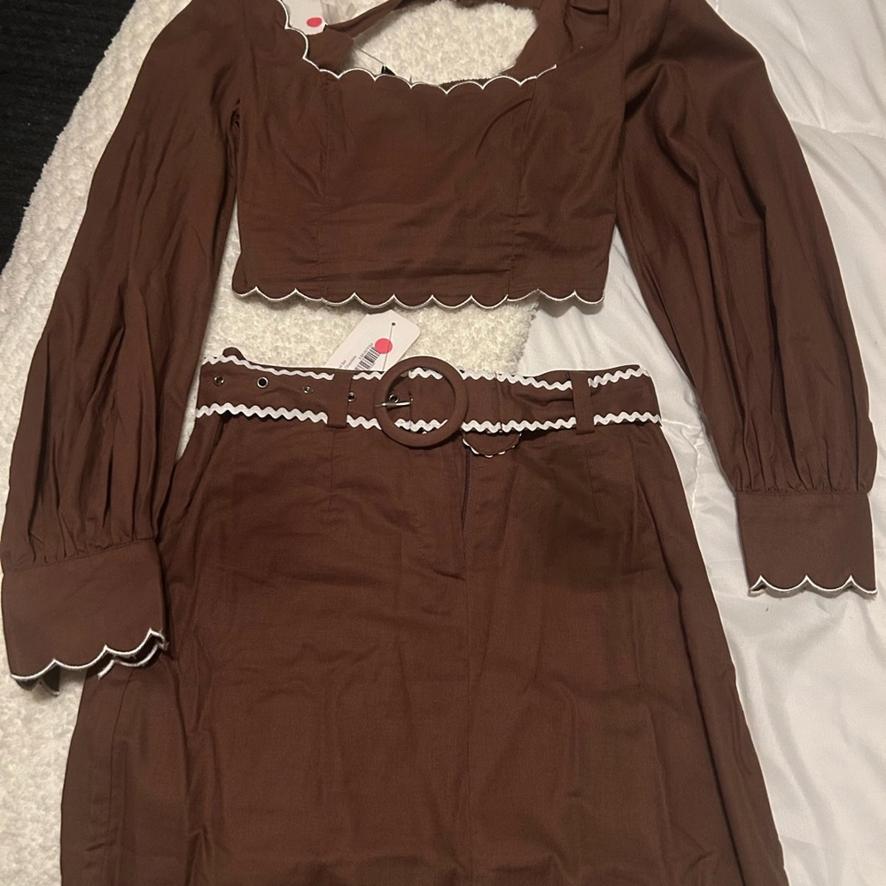 Gingham & Heels Brown Scalloped Crop Top & Skirt Set with Belt